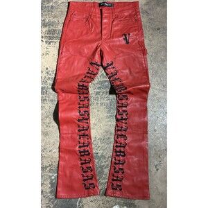 Valabasas Red Faux Leather Pants Size 32 Gothic Letter Streetwear Designer Stack